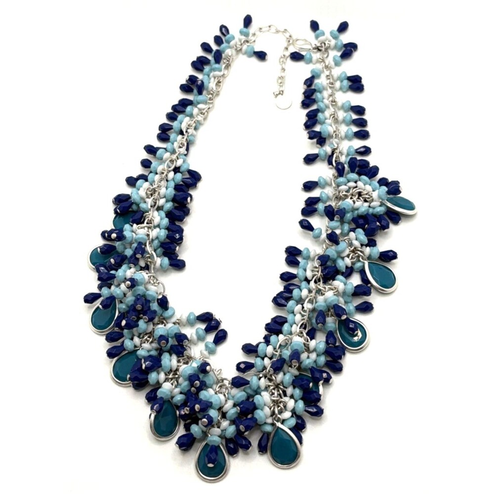 TALBOTS Light & Dark Blue Cluster Bib Necklace Dangle Fringe Statement 18" - 20"